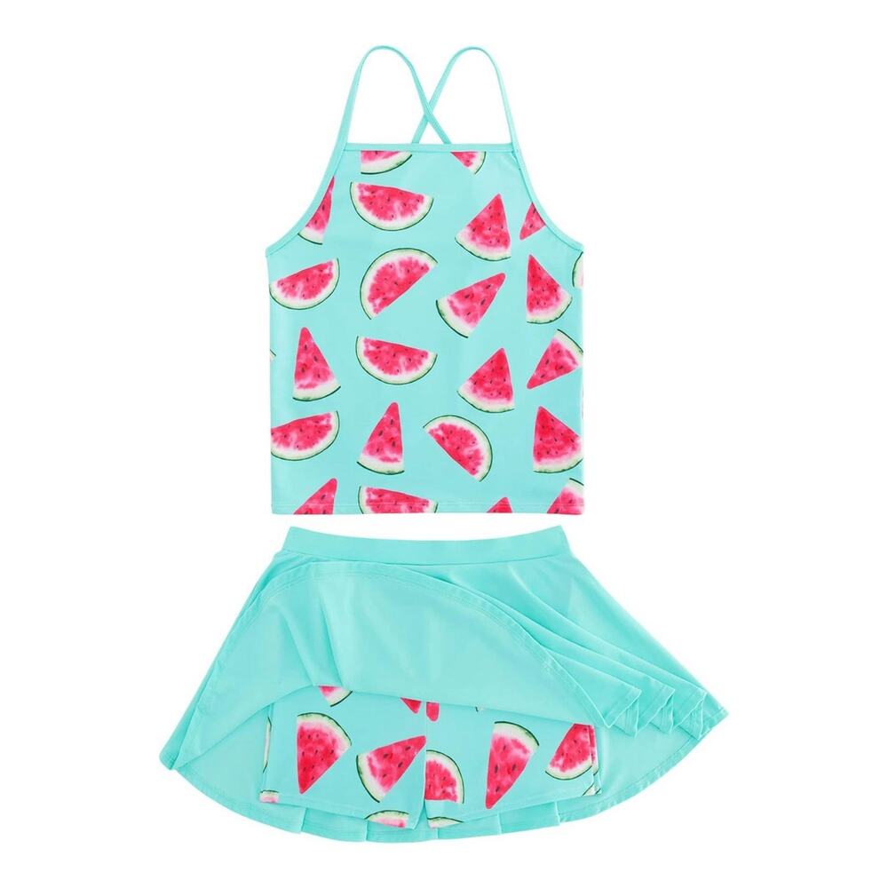 Taubow Girls Teal Watermelon Tankini Skort Swimsuit Colorful Tropical Size 10